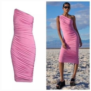 Norma Kamali Diana Ruched One-Shoulder Midi-Dress in Candy Pink XS NWT